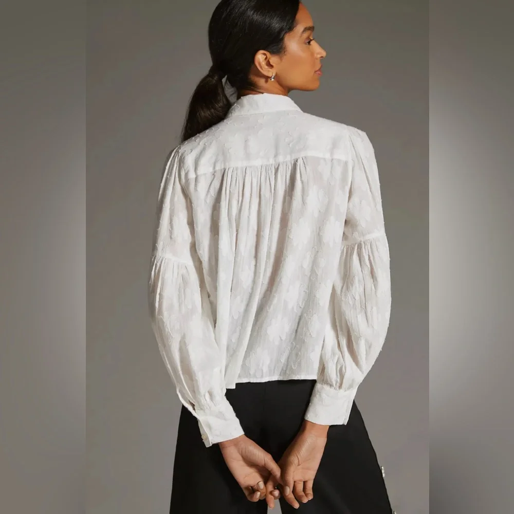 Anthropologie Forever That Girl Textured Jacquard Balloon Sleeve Blouse White S